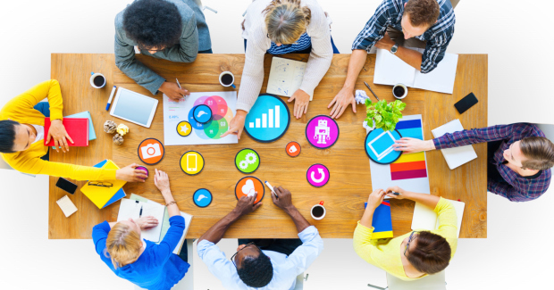 Group of Business People Discussing with Social Media